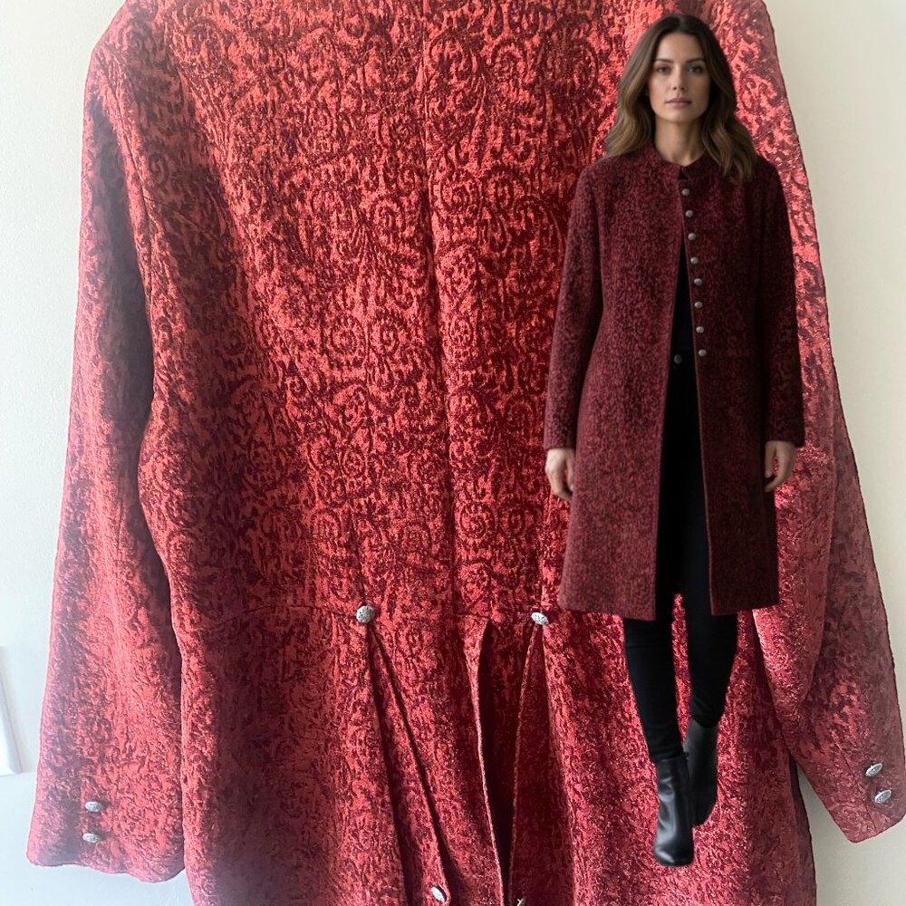 STUNNING Red Chenille Coat Midi Length Fully Lined Size 18 LN